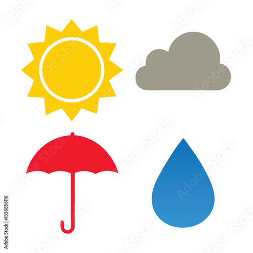 Sun, Clouds, Umbrella and Raindrop Vector Design.