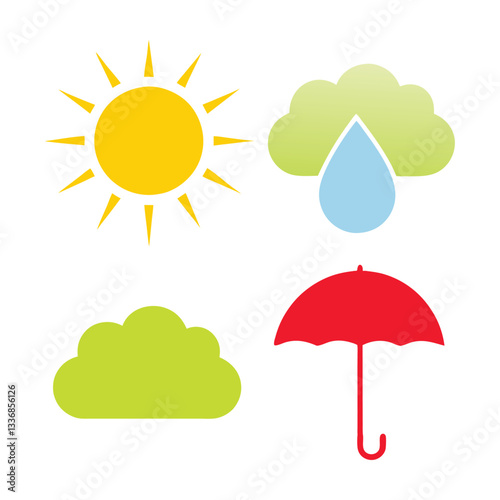 Sun, Clouds, Umbrella and Raindrop Vector Design.