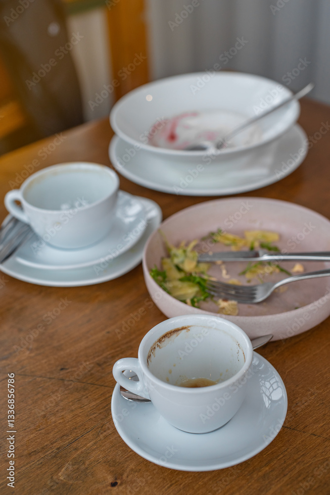 Fototapeta premium Cozy cafe vibes in Tallinn, Estonia. A wooden table with empty plates, coffee cups and forks tells the story of a delicious meal enjoyed. A candid moment capturing warmth, flavors, and slow living.