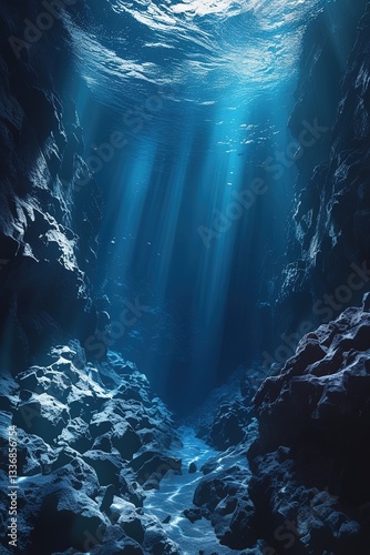 deep underwater scene with rays of light and rock cliff background photo