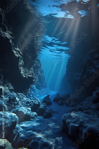 deep underwater scene with rays of light and rock cliff background photo