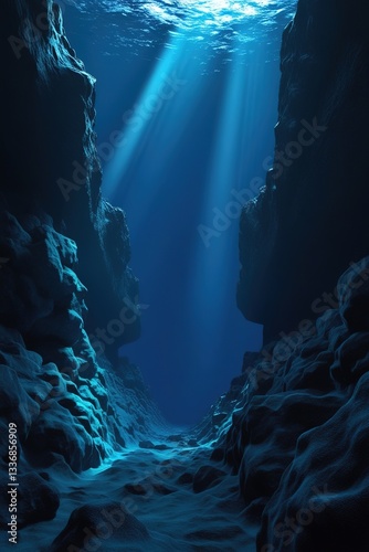 deep underwater scene with rays of light and rock cliff background photo