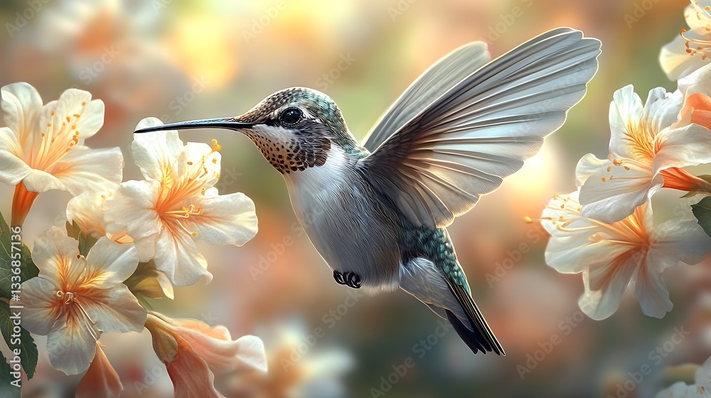 Fototapeta premium Macro Hummingbird Close To Petals High Resolution Image