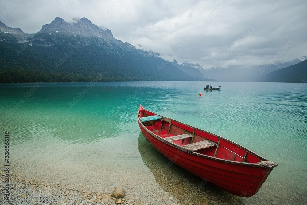 Serene mountain lake scene with a red rowboat on a pebble shore under a cloudy sky Serene mountain lake scene with a red rowboat on a pebble shore under a cloudy sky