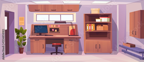 Modern office interior with desks, chairs, computers, and storage cabinets. Bright and functional workspace for business, coworking, corporate use. Vector illustration contemporary office environment.