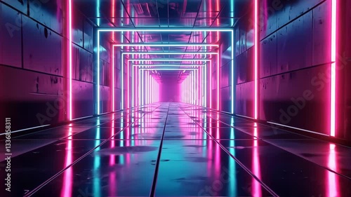 Neon tunnel with mirrored walls