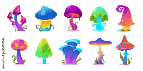 Set of fantasy glowing mushrooms and magical plants. Collection of luminous fungi, toadstools, and alien flora with neon light effects for fairy tale, sci-fi, fantasy themes. Vector illustration