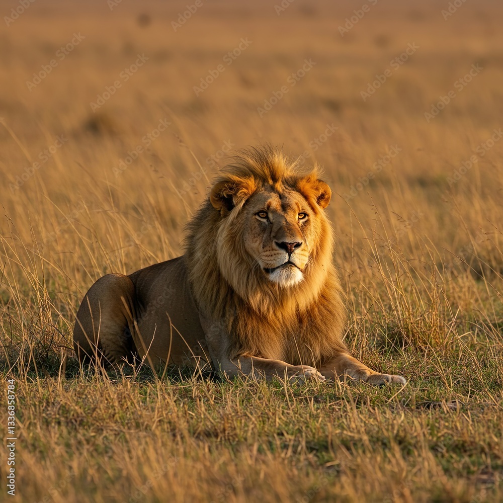 Fototapeta premium Majestic lion resting in African savanna grassland with acacia trees