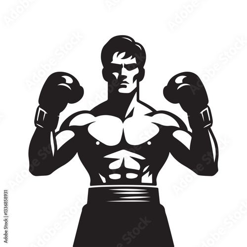 Muscular boxer in victory pose black and white silhouette vector illustration