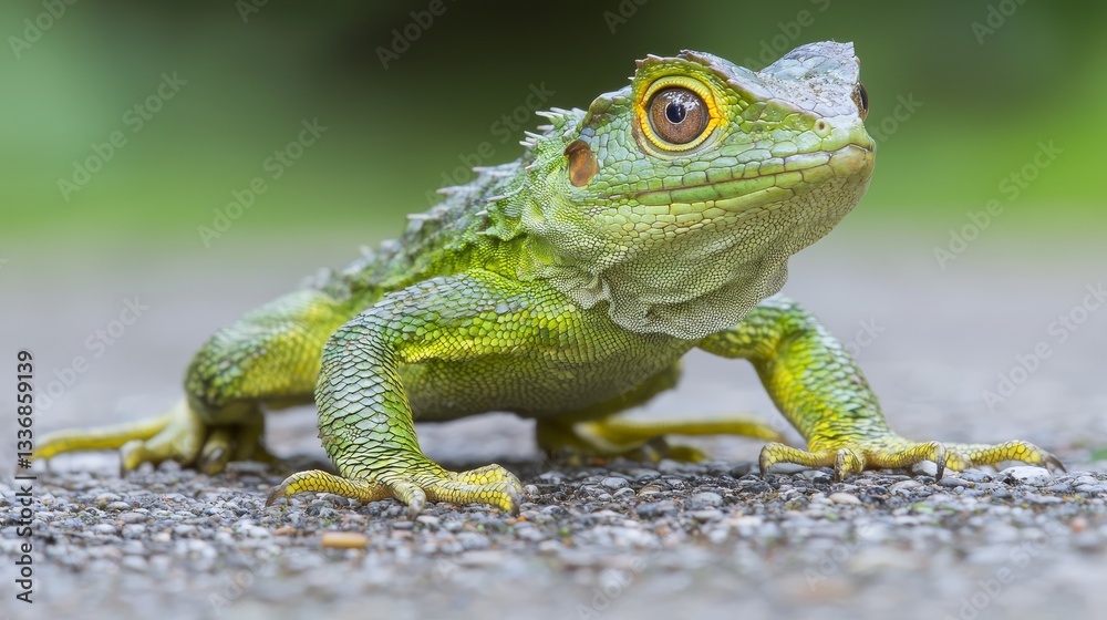 Fototapeta premium Striking yellow eye of a lizard, closeup encounter with nature's beauty 