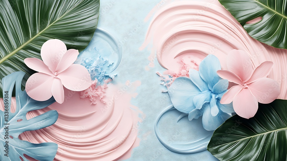 Pastel flowers, leaves, abstract swirls