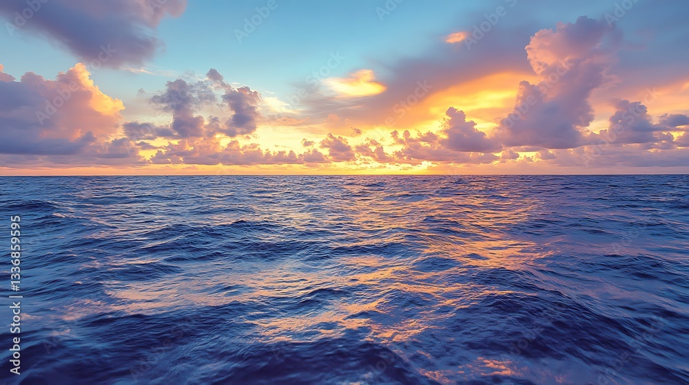 Ocean sunset, colorful clouds, tranquil waters