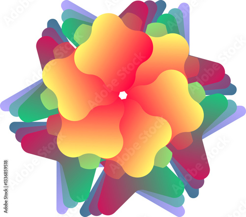 : A colorful, abstract flower design with overlapping petals in vibrant shades of red, orange, yellow, green, blue, and purple, forming a kaleidoscopic pattern