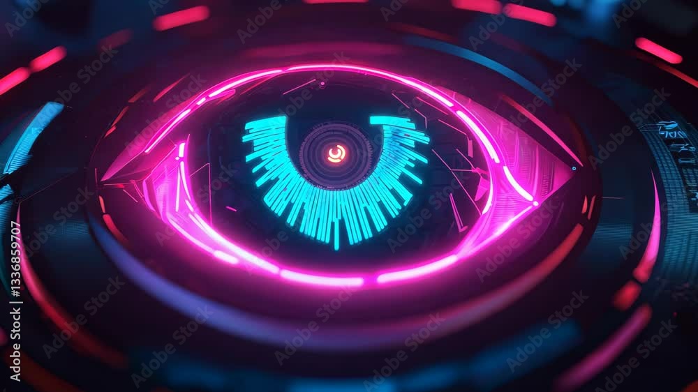 This striking image features a futuristic neon eye in vibrant colors. The abstract design captures attention, merging technology with artistic flair for a mesmerizing visual experience.