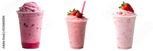 photo of ICE STRAWBERRY MILK on the PLASTIC CUP, transparent background, high focus side view