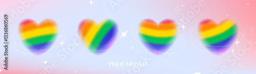 Collection of aesthetic hearts for Pride Month. Blurry rainbow gradient symbols of Pride Month with LGBTQ Flag Colours. Vector templates of rainbow hearts. Human rights and tolerance concept.