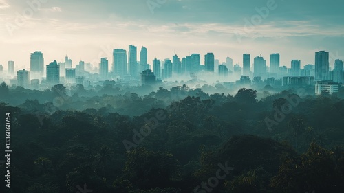 Fototapeta Naklejka Na Ścianę i Meble -  
A powerful conceptual image of a lush forest being replaced by a city skyline that fades into industrial smog. A somber visual of urbanization, pollution, and climate change.


