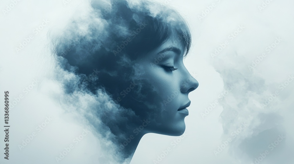 Intriguing portrait, woman with smoke emanating from her face a surreal and mysterious photograph Intriguing portrait, woman with smoke emanating from her face a surreal and mysterious photograph