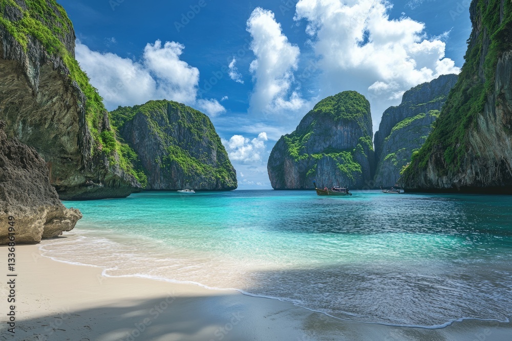 Fototapeta premium Serene Morning at Maya Bay, Phi Phi Leh Island, Thailand - A Coastal Heaven with Blue Waters, Green Cliffs, and Soft Clouds