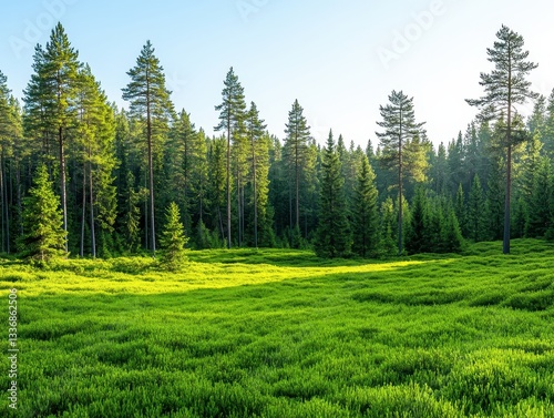 Lush Green Meadow Surrounded by Tall Pine Trees Under Clear Blue Sky