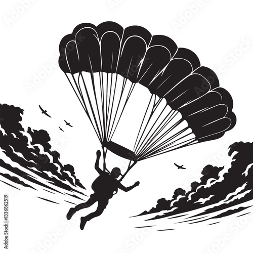Skydiving parachute silhouette vector illustration on white background