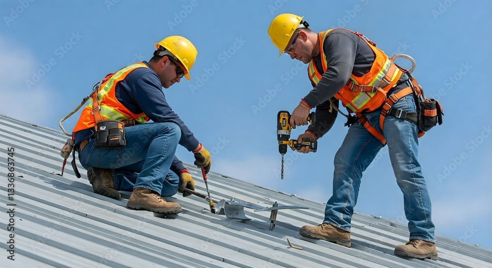 Two workers in orange safety vests and yellow hard hats install equipment on a metal roof under a clear blue sky. Two workers in orange safety vests and yellow hard hats install equipment on a metal roof under a clear blue sky.