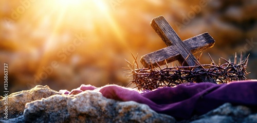 A Wooden Cross and Crown of Thorns at Dawn