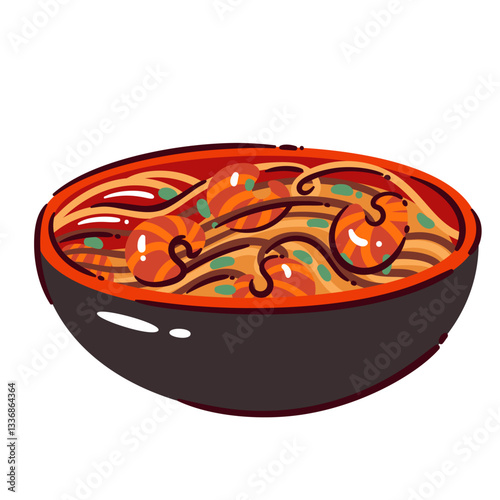 Stir fry noodles with shrimps, ceramic bowl. Cup of spicy chili garlic noodles with prawn. Asian wok food mascot, seafood and spaghetti in plate cartoon vector illustration