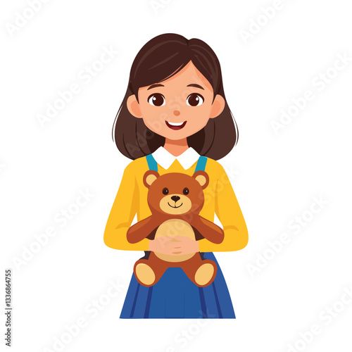 Cute little girl holding a brown teddy bear toy in her hands. Flat vector illustration design