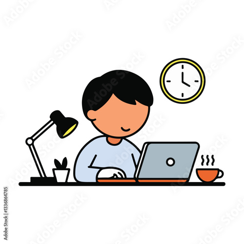 Boy Working on Laptop, Remote Work and Study Vector Illustration