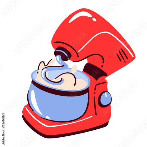 Stand mixer with hook to knead dough. Kitchen electric appliance at work. Bakery process mascot, machine with hook and bowl for making cake recipe cartoon vector illustration