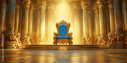 A golden throne with a blue chair sits in a large room with gold pillars