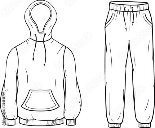 vector illustration of a line art tracksuit of a hooded sweatshirt with a front pocket and drawstrings, with matching jogger pants featuring an elastic waistband and side pockets on white background