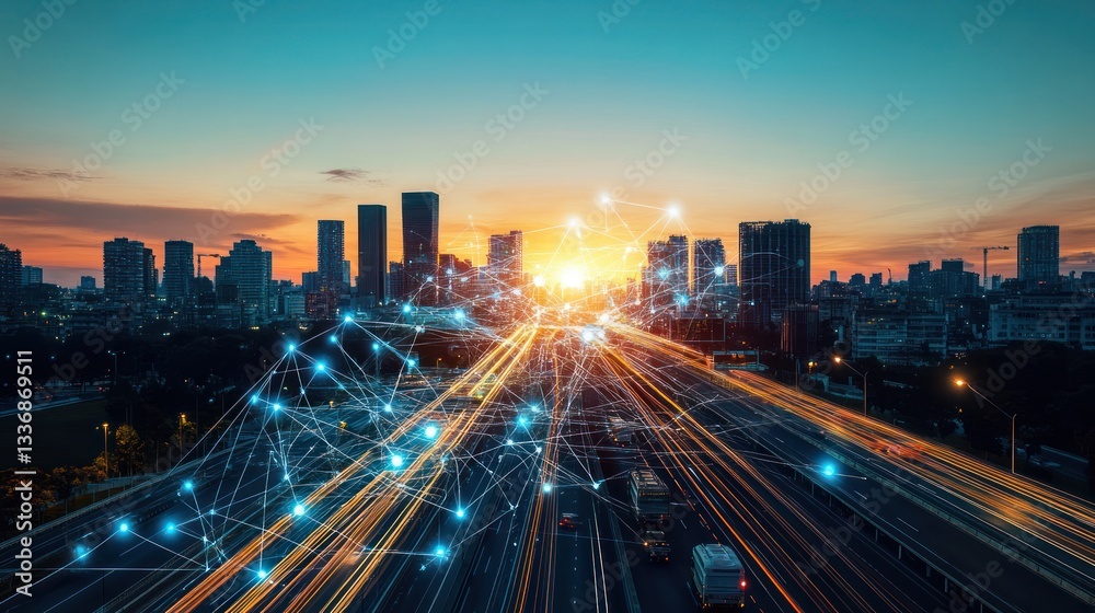 Fototapeta premium City highway network at sunset, futuristic, technology
