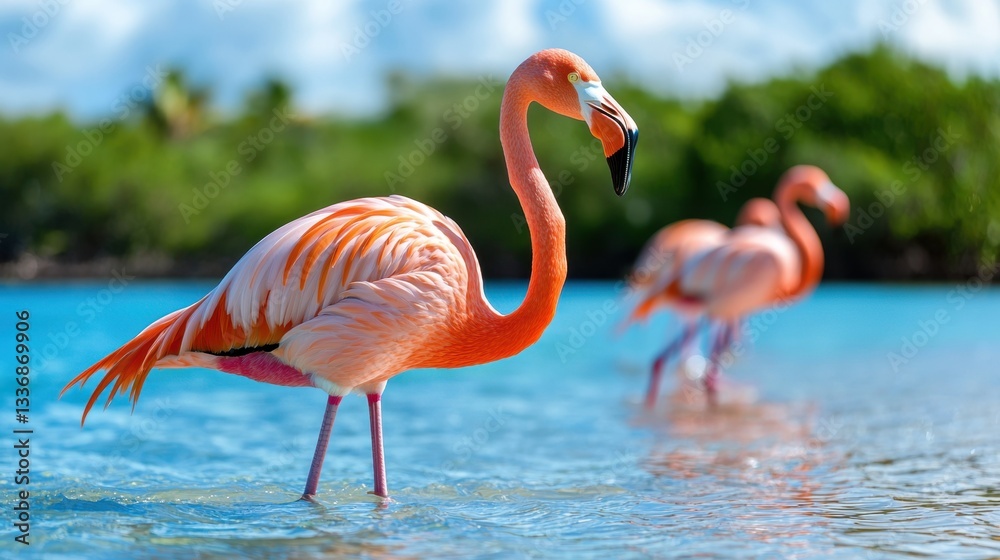 Fototapeta premium Group of Vibrant Flamingos Wading in Shallow Turquoise Water Under Bright Blue Sky