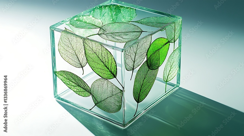 Glass cube, leaves inside, light background