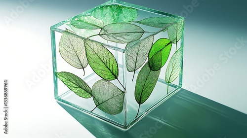 Obraz na płótnie Glass cube, leaves inside, light background w salonie