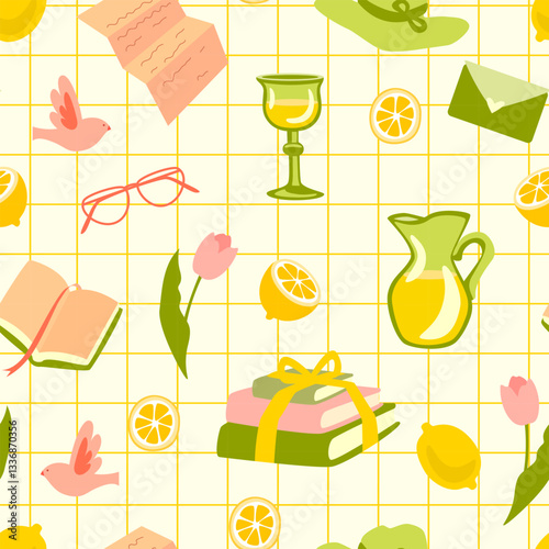 Spring seamless pattern with lemons, tulips, books, a glass, a pitcher of lemonade and envelopes on a light background with a yellow grid. Print for textiles, packaging, wallpaper and kitchen decor