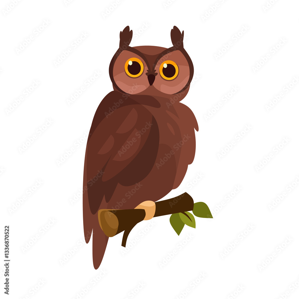 Fototapeta premium Charming cartoon owl perched on a branch. Cute owl character illustration for children's illustrations, nature-themed design, logo. Cartoon vector owl icon isolated on white background