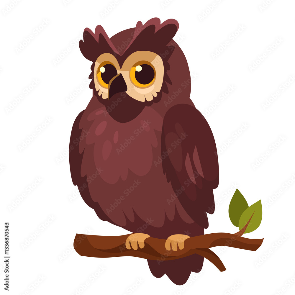 Fototapeta premium Charming cartoon owl perched on a branch. Cute owl character illustration for children's illustrations, nature-themed design, logo. Cartoon vector owl icon isolated on white background