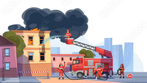 Fényképezés Firefighters battling a major urban building fire with ladder truck and emergency response team