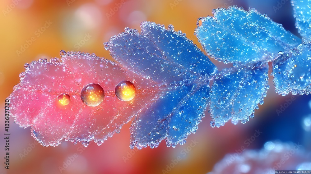 Dewdrops on colorful leaves, macro shot