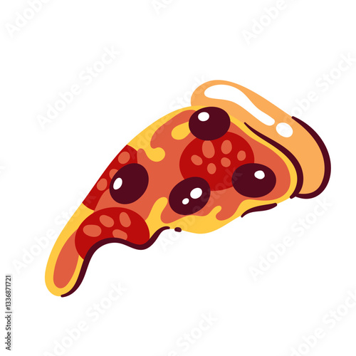Pizza cartoon slice with dripping spicy sauce. Funny rustic pizza piece with cheese and pepperoni, olives and crust. Fast food eating mascot, cartoon gourmet cheesy portion vector illustration