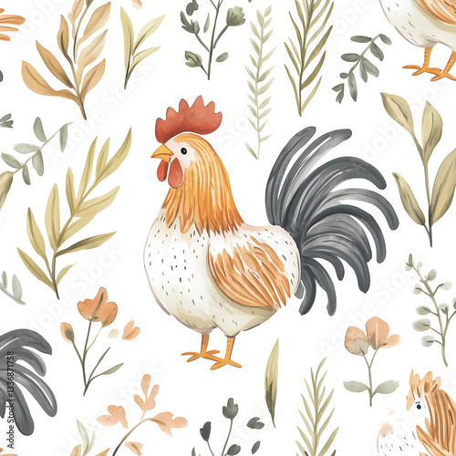 Farm rooster chicken cock hen cute clipart watercolour drawing illustration with springtime plants and flowers isolated on transparent background