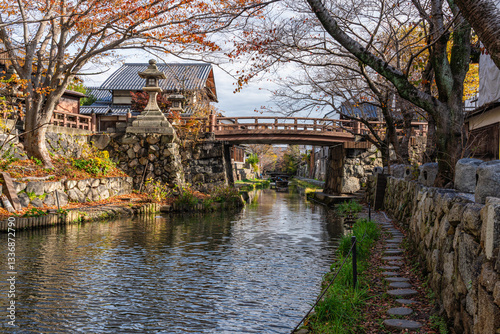 Scenic sight of Hachiman-bori canal in Omihachiman during fall season. Kansai region, Shiga Prefecture, Japan.