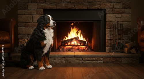 Bernese Mountain Dog Sitting By a Cozy Fireplace with Crackling Firewood in a Rustic Home Interior