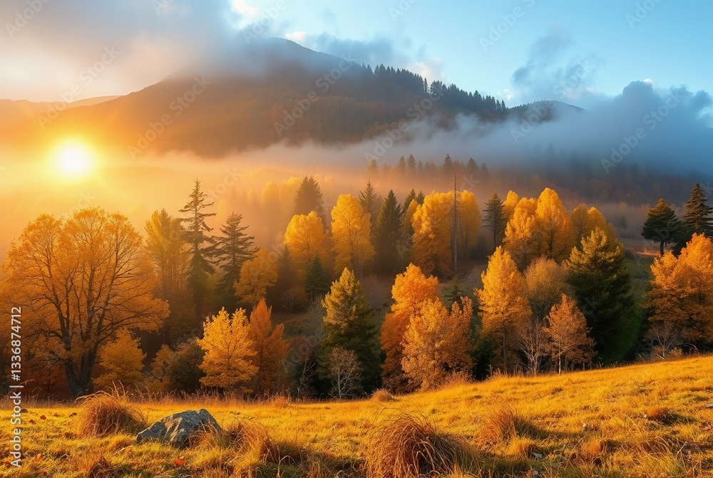 Fototapeta premium Serene Autumn Landscape at Sunrise with Misty Mountains and Colorful Foliage