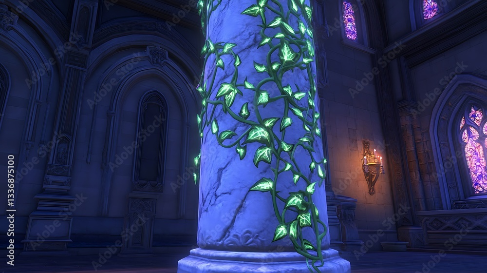 Glowing Ivy on Marble Column, Gothic Hall
