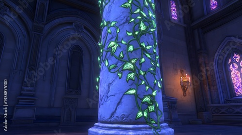 Glowing Ivy on Marble Column, Gothic Hall