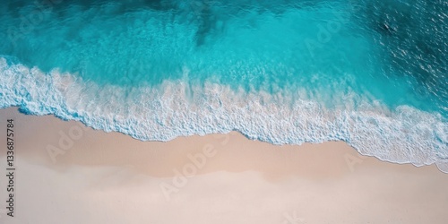 Coastal Serenity: An aerial perspective captures the mesmerizing dance of turquoise waves meeting a sun-kissed sandy shore, exuding tranquility.